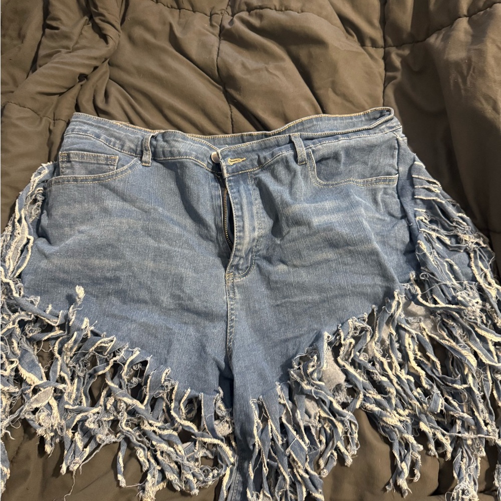 SHEIN Blue Fringed Jean Shorts